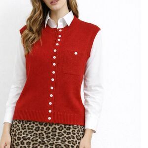 VTG  Women’s M Red Knit Button Up Preppy Cardigan Sweater Vest